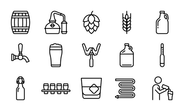 Brewing Icons: Barrel, Still, Hop, Wheat, Growler, Tap, Glass, Mash Paddle, Thermometer, Bottle, Capper, Whiskey Glass, Coil, Brewer