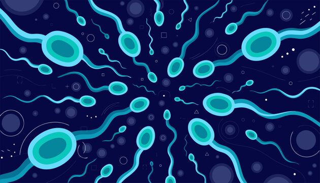 Abstract medical illustration of moving sperm cells on dark blue background.eps