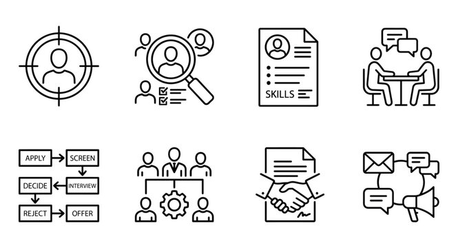 Recruitment Line Icons Set &ndash; Hiring and HR Outline Collection