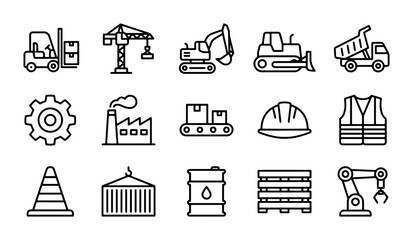 Construction and Industry Icons Set: Heavy Machinery, Safety Gear, and Logistics Elements © Abu