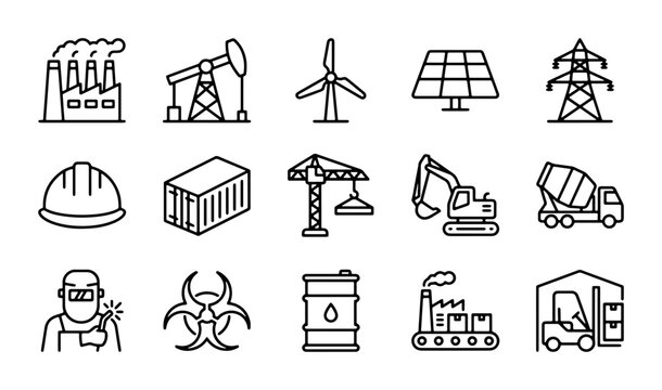 Industrial Icons Set: Energy, Construction, Manufacturing, Logistics, Safety, Resources