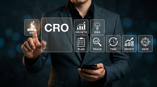 Businessman touching CRO conversion rate optimization virtual interface screen
