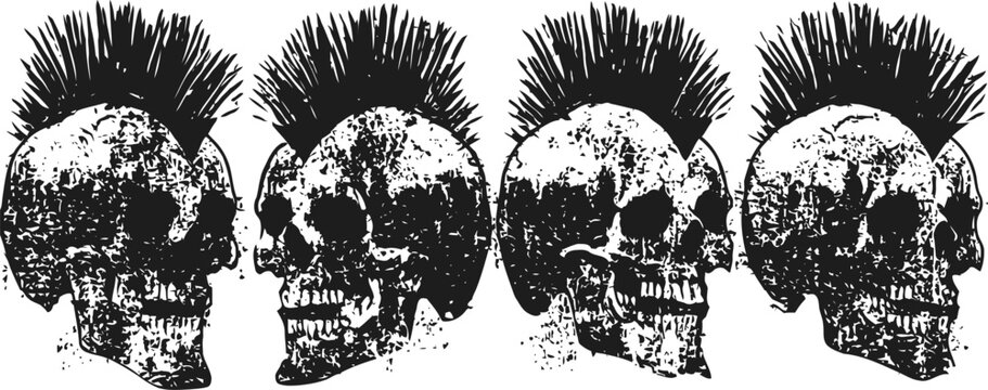 four black and white punk skulls with mohawk hairstyles in side profile and three quarter views