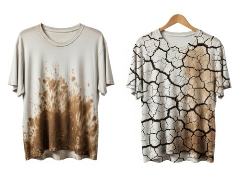 Two white t-shirts, one with mud splatter print and one with cracked earth texture pattern