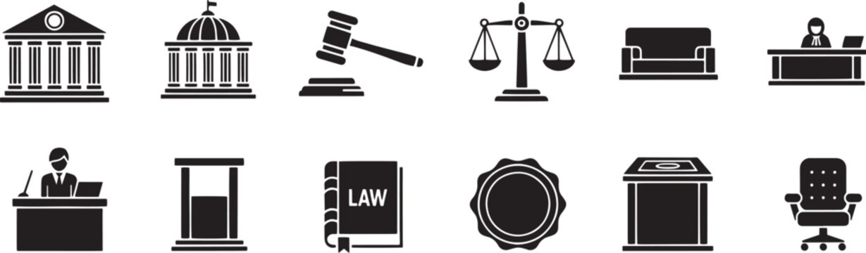A black and white graphic illustration depicts various legal icons and elements. A courthouse building, a gavel, scales of justice, a judge's chair, and a lawyer's desk are prominently displayed.