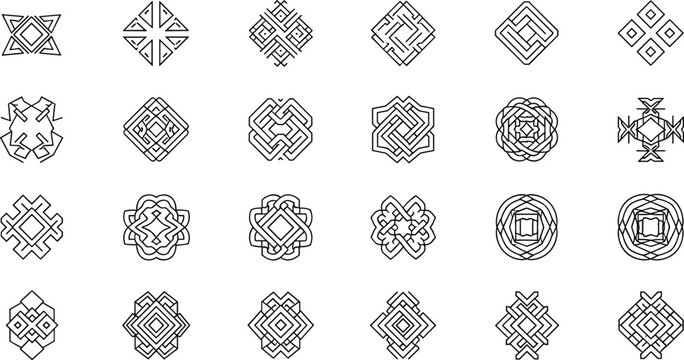 Abstract Geometric Knot Ornament Line Icon Set Vector Illustration With Symmetrical Decorative Pattern Designs