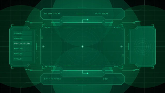 Futuristic green system interface with central HUD panel, module menu, secure status bar, sync nodes, and dark technical grid background.