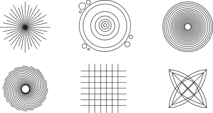 Abstract Geometric Optical Pattern Set With Spirals Radial Lines Grid and Minimal Vector Design Elements Collection