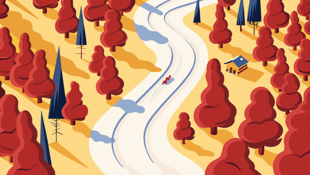 Aerial view of zigzagging ski trails down a mountain, bold shapes, minimal snowy texture, vintage color palette.