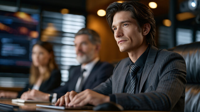 Legal NLP search demonstration by tech vendor to skeptical senior partners in traditional law firm boardroom, projector displaying AI case retrieval results, harsh midday sun creating strong contras