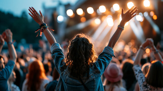 Back view of a large crowd at a bright outdoor summer music event with arms raised in unison the sky vivid blue above them and the stage producing a wide beam of warm light