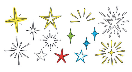 Obraz premium Hand-drawn starbursts and shining stars, festive doodles on white background