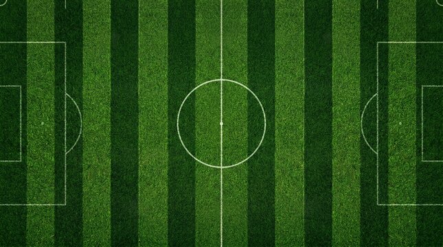 Realistic football field grass pattern background with premium stadium lawn texture combined with subtle mowing stripe geometry and natural turf variation, top view symmetrical composition with clean 