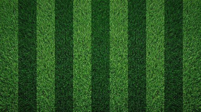 Realistic football field grass pattern background with premium stadium lawn texture combined with subtle mowing stripe geometry and natural turf variation, top view symmetrical composition with clean 