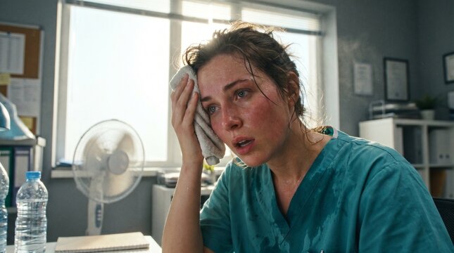  Exhausted female nurse in medical scrubs suffering from extreme heat and sweating heavily at her workplace in a hot clinic during a summer heatwave