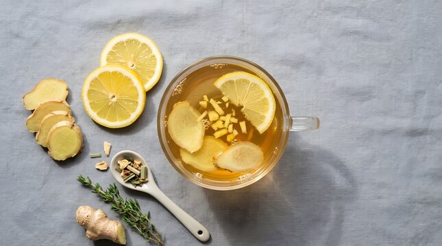 Glass mug with ginger lemon tea, fresh ingredients and herbs on textured background.