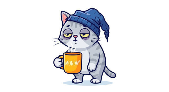 Tired Cat in Pajamas Holding "Monday" Coffee Mug, Feeling Sleepy