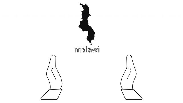 Malawi map outline with hands illustration and text.