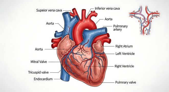 Detailed anatomical diagram of the human heart with labeled parts.