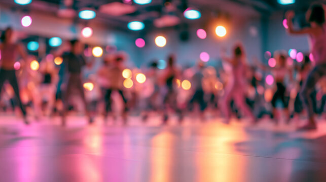 Blurred dance fitness studio with pink cyan lights reflective floor and energetic crowd for wellness background design
