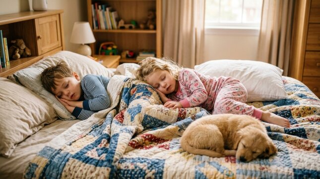 Two children and a golden retriever puppy sleeping on a bed
