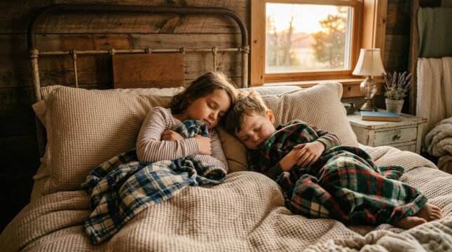 Two young siblings sleeping peacefully in a rustic cozy bed