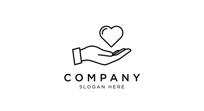 Minimalist hand holding heart outline logo design icon