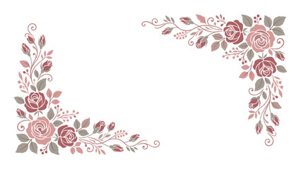 Obraz premium Elegant floral frame with roses and leaves, corner decoration, beautiful pink flowers.