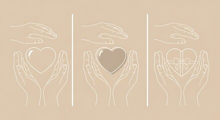 Obraz premium Minimalist hands giving, receiving, and offering heart in three stages