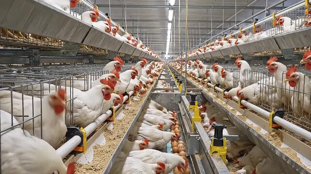 Chickens are fed in a large industrial farm with multiple rows of cages containing many white chickens.