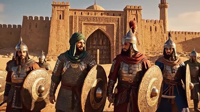 Medieval warriors stand guard outside a desert fortress with shields.
