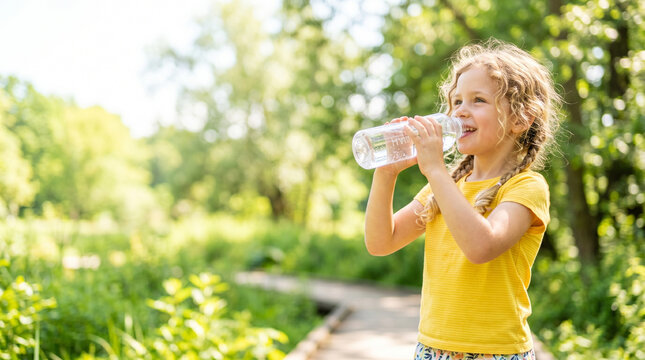 Child drinking water from a bottle in summer during heatwave survival  