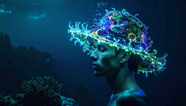 Man with intricate bioluminescent coral hat underwater in dark ocean depths