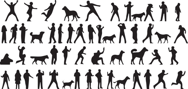 Diverse human and dog silhouette collection vector illustration, people walking standing dancing posing isolated black icons set, social lifestyle characters bundle