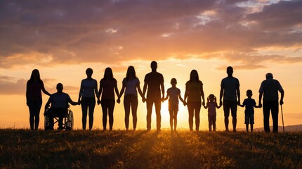 Fototapeta premium Inclusive Diverse Silhouette Group with Wheelchair User Holding Hands at Golden Sunset on Open Field