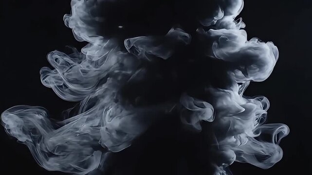 Smoke swirls and rises in a dark room with a mysterious atmosphere and hazy fog