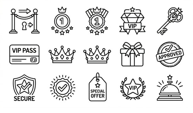 Premium VIP service outline icon collection for membership rewards and exclusive access vector design