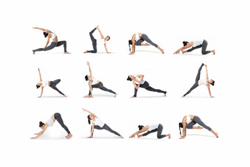 Obraz premium Yoga poses set with woman practicing different asanas, ai generated