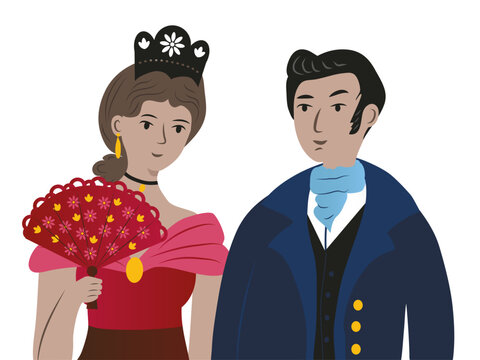 Caballera y Dama antigua en ropas coloniales tradicional ilustraci&oacute;n vectorial editable