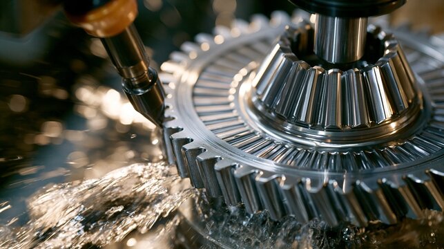 Medium shot of gear hobbing process shaping transmission gear teeth with precision emphasizing fine surface finishes and intricate cutting action.
