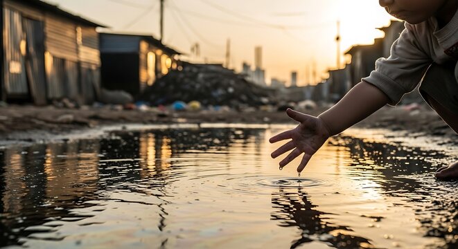 Child's Hand Reaching to Touch Polluted Water at Sunset