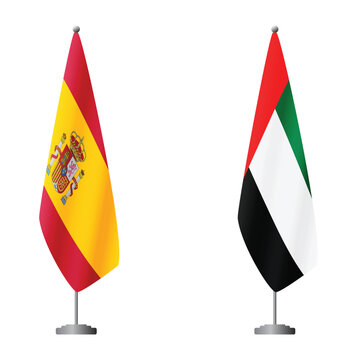 Spain and United Arab Emirates flags on flagpoles for official ceremonies and meetings, transparent background vector