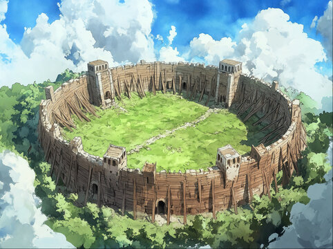Aerial view of an ancient circular walled city with wooden fortifications, biblical illustration