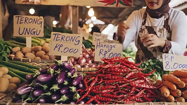 A woman sells various vegetables at an outdoor market stall.