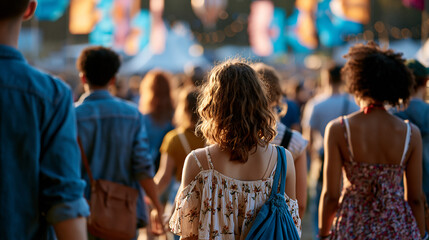 Fototapeta premium Back view of a group of young friends in summer outfits walking through a bright outdoor festival gate their backs vivid in the sunlight festival banners hanging above the