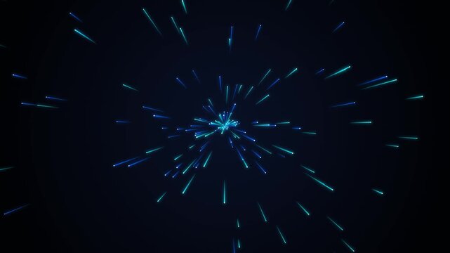 Futuristic background loop featuring glowing cyan and blue data speedlines bursting outward from a central singularity point. Ideal for big data, AI, and technology presentation slides