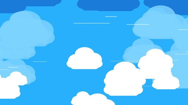 Flat design cartoon background loop featuring white and blue clouds moving horizontally with a parallax effect. Perfect for children games, animations, and cute presentation slides