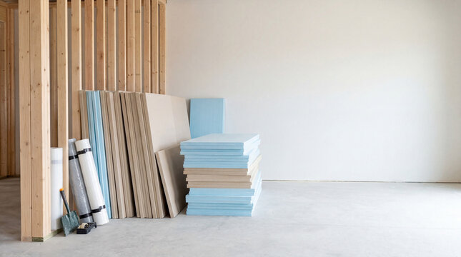 Unfinished interior with exposed wooden framing, stack of drywall sheets, blue foam insulation boards and vapor barrier roll on concrete floor, illustrating building process, thermal efficiency and re
