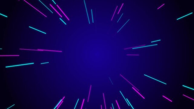 Futuristic cyberpunk background loop with vibrant neon purple and cyan speedlines flying past the camera on a dark blue gradient backdrop. Perfect for gaming and sci-fi video loops