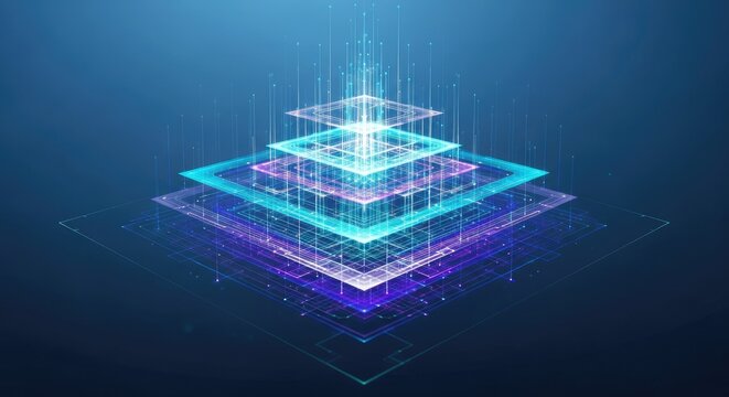 Abstract digital data visualization with glowing geometric pyramid structure